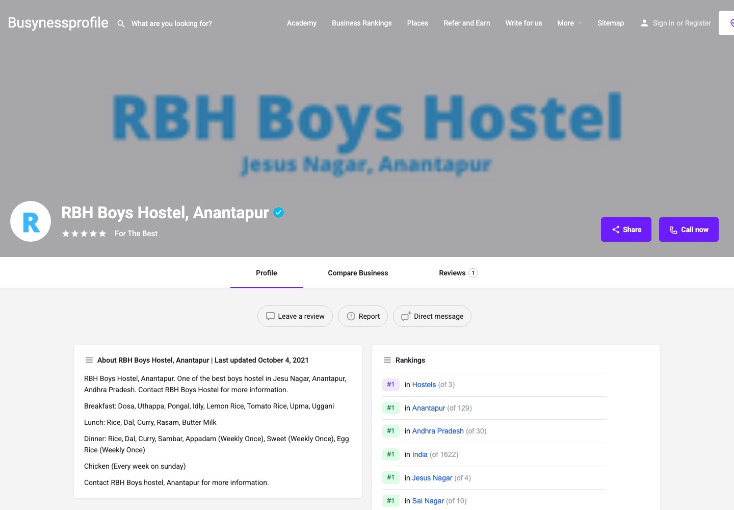 A listing page on busynessprofile.com